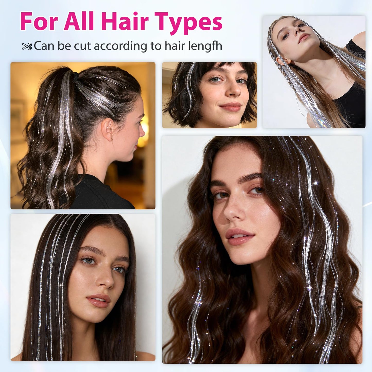 12 Pcs 20 Inch Clip in Hair Tinsel Kit, Silver Glitter Fairy Hair Extensions, Festival Party Hair Accessories for Women Girls Concert Cosplay Birthday