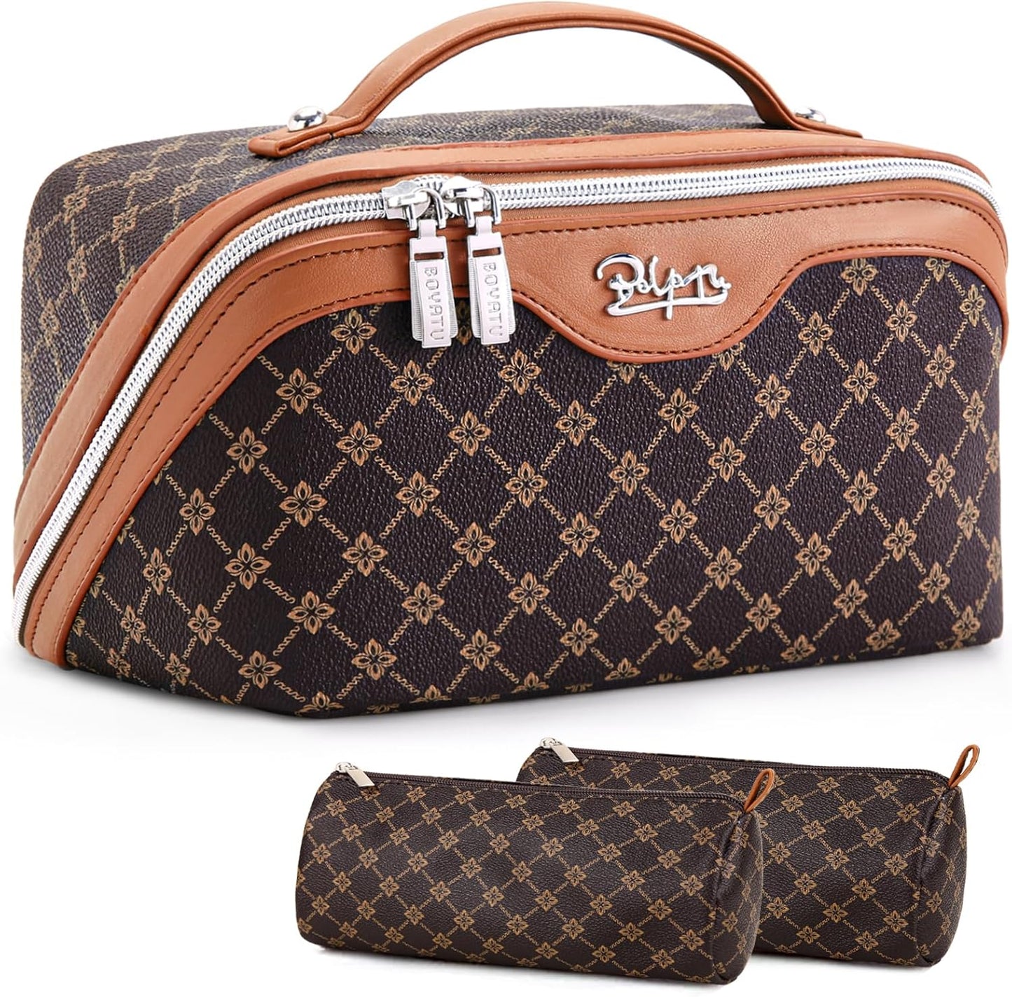 Travel Makeup Bag Set - Large Vegan Leather Cosmetic Organizer with Handle | 3 Pcs Portable Toiletry Bags in Coffee