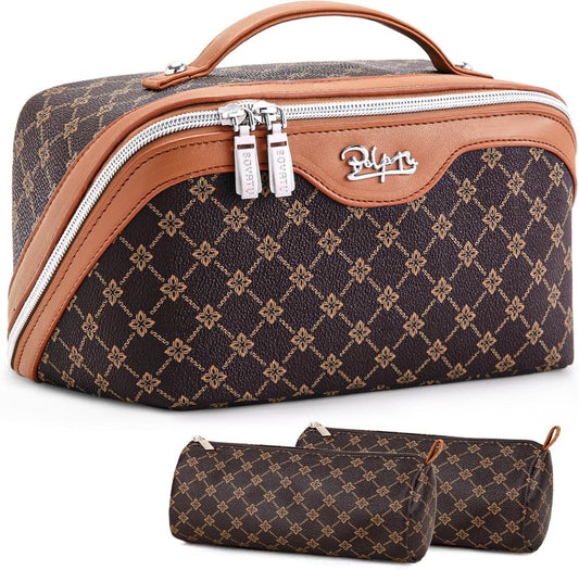Travel Makeup Bag Set - Large Vegan Leather Cosmetic Organizer with Handle | 3 Pcs Portable Toiletry Bags in Coffee