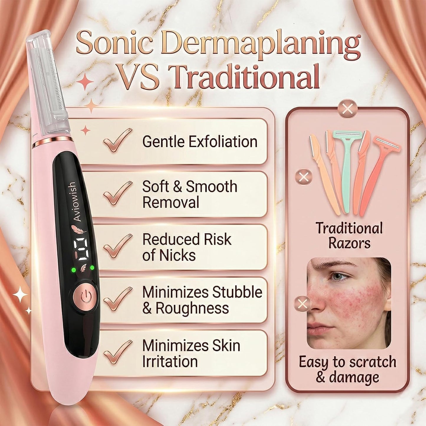 Upgraded Dermaplane Razor for Women - Professional Facial Hair Removal Tool with LED Light | 12 PCS Stainless Steel Blades, Non-Slip Handle, Travel Case