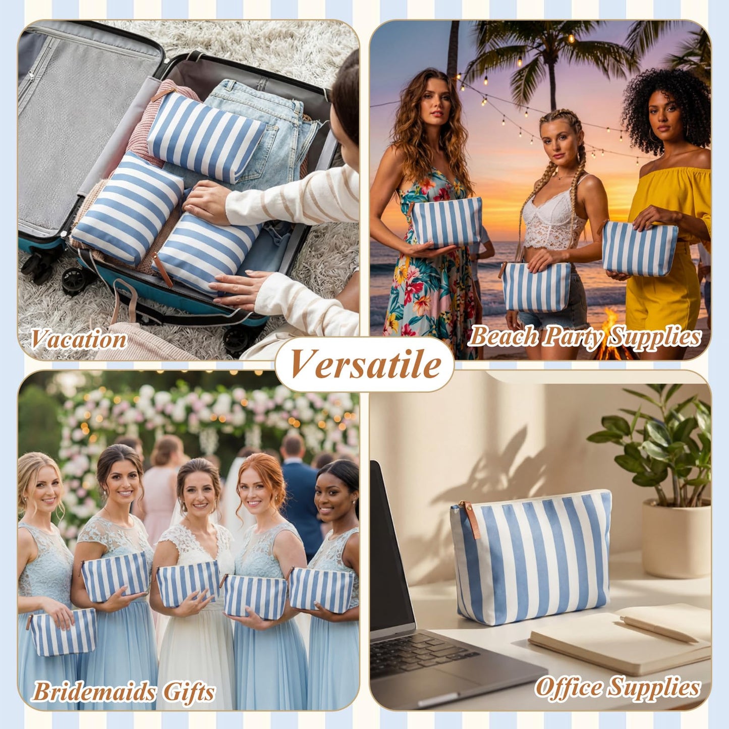 Hillban 12 Pcs Blue Striped Makeup Bags Bulk Canvas Cosmetic Bag Beach Themed Gifts Travel Toiletry Organizer Zipper Pouch Bags for Women Bridemaids Party Favors