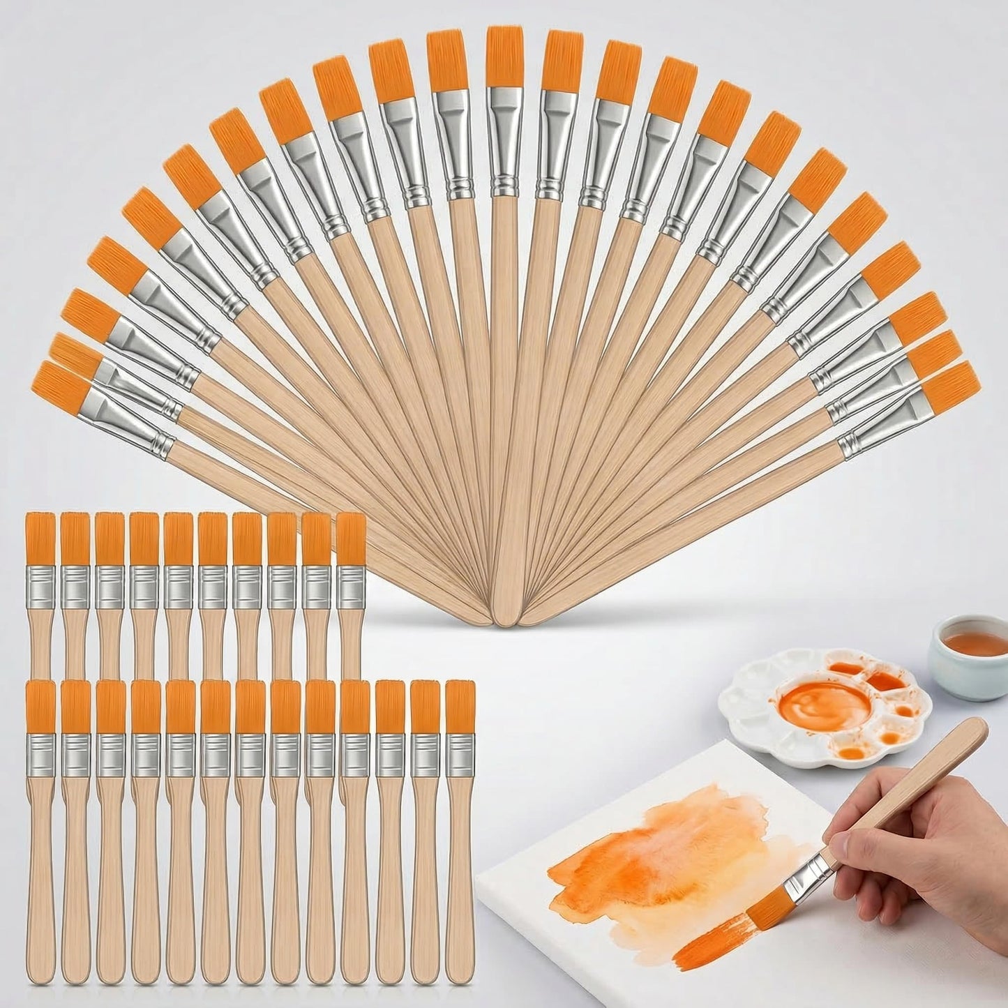 Nylon Paint Brush Set 50pcs, Short Wood Handle Art Brushes for Gouache, Soft Flat Paint Brushes for Wall Art and Craft Projects, Portable Brush Kit for Painting and Keyboard Cleaning