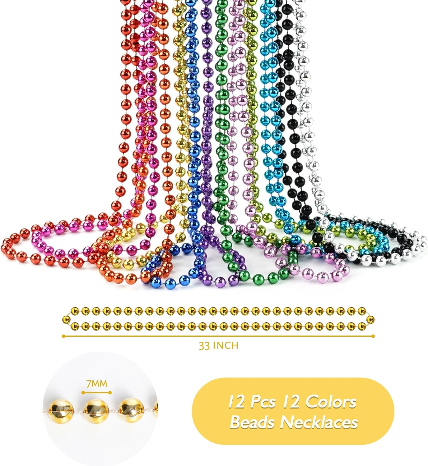 12 PCS Metallic Bead Necklaces - 33'' Round Mardi Gras Jewelry for Festive Events | Christmas & New Year