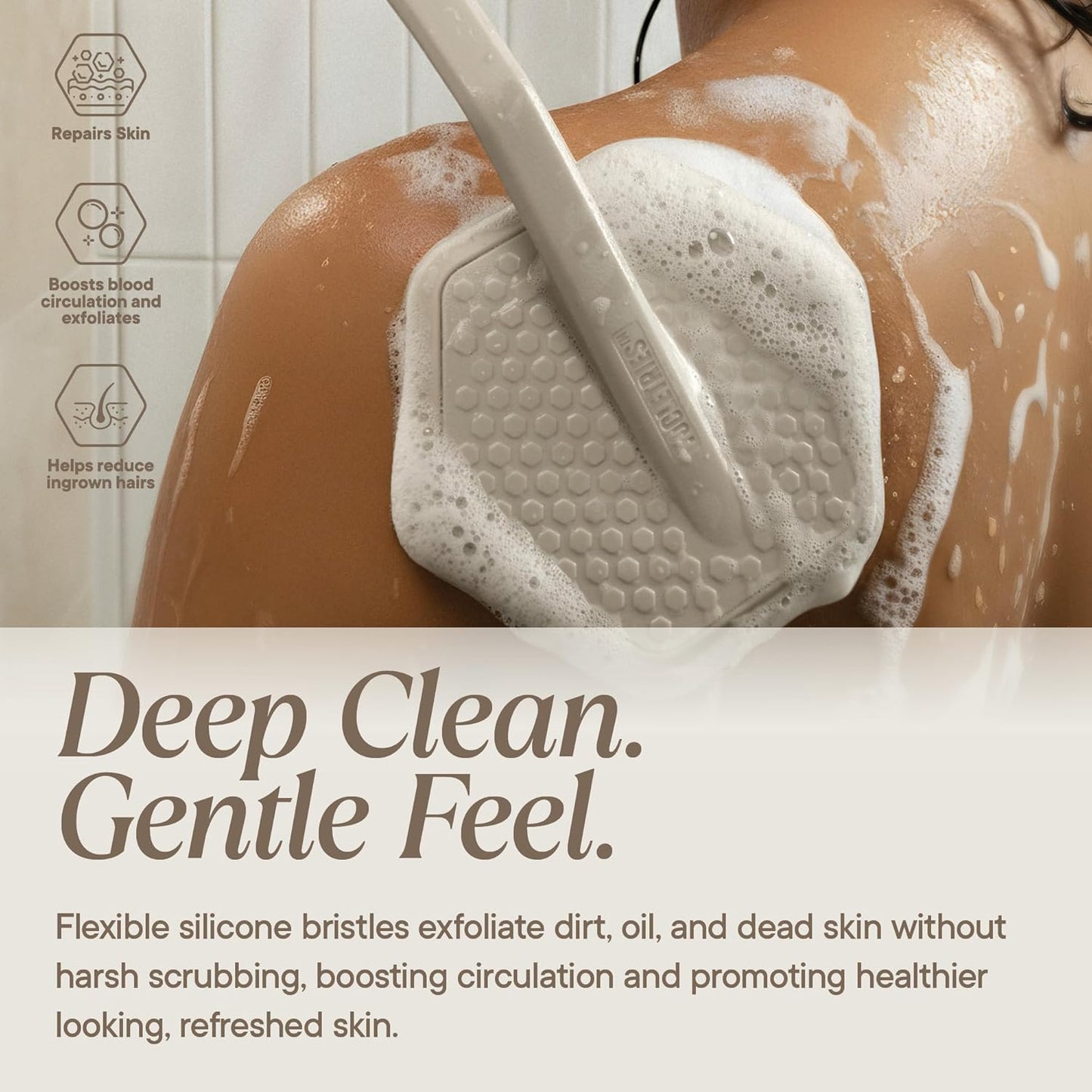 Silicone Back Scrubber for Shower | Exfoliating Body Brush with Long Ergonomic Handle & Non-Slip Grip - Sand Color