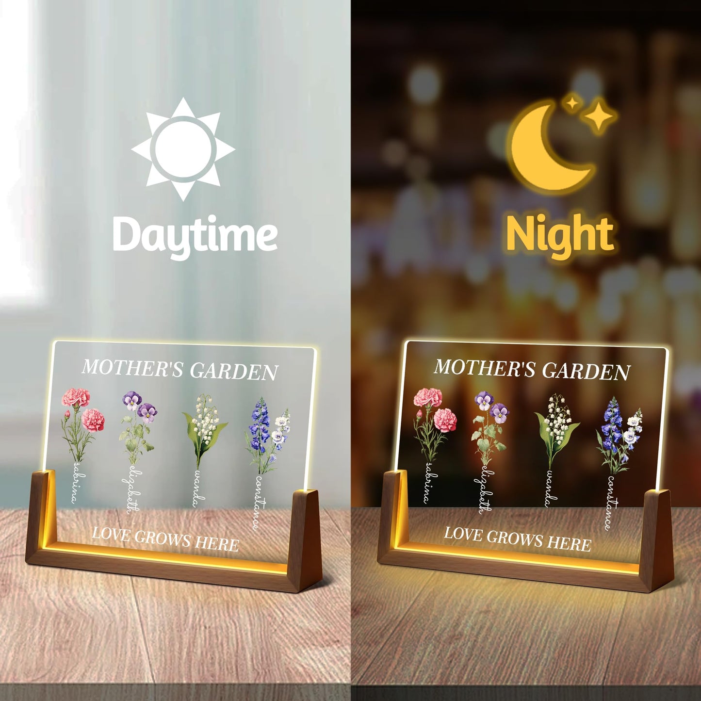 Bohva Personalized Mothers Day Birthday Gifts For Mom Grandma Wife, Custom Mom Gifts From Daughter Son, Customized Birth Flower Mothers Garden Plaque Light Up Picture Frame For Mama Grandma Gift