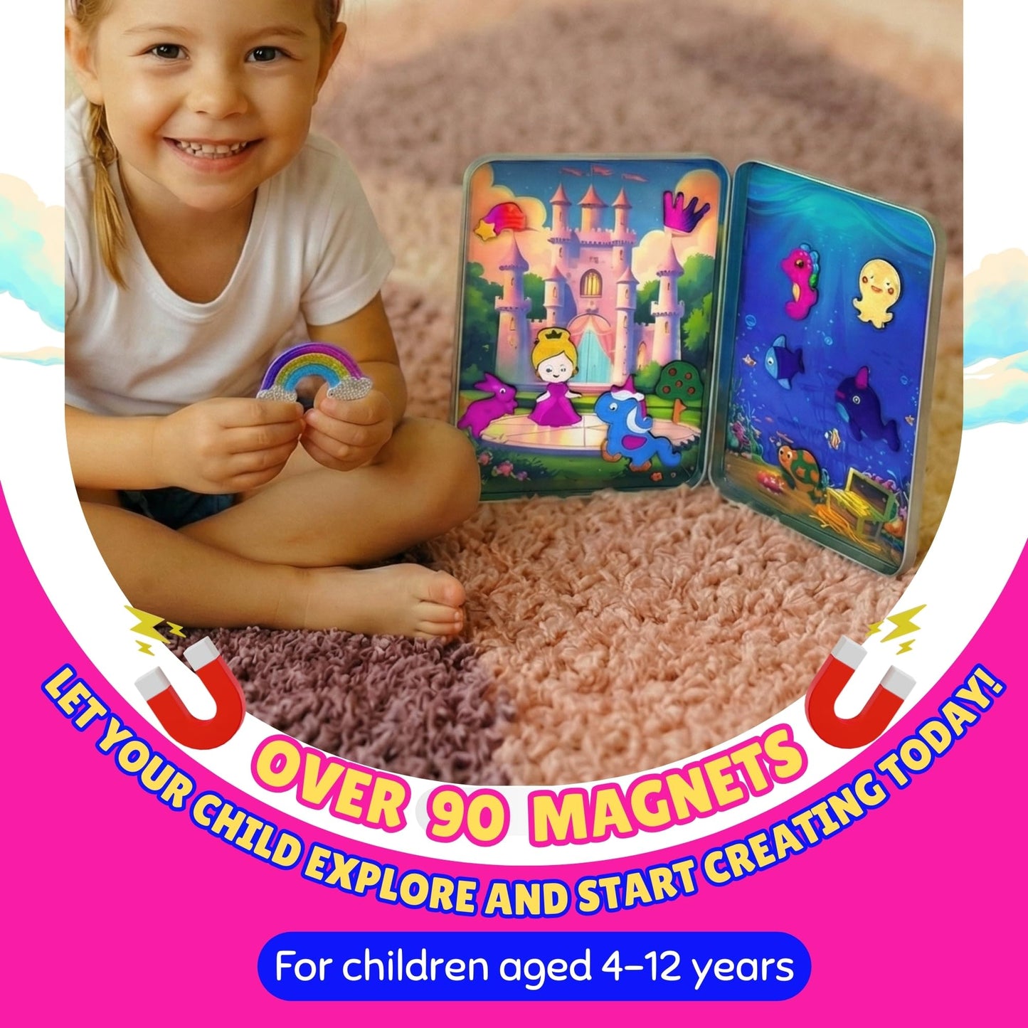 Magnetic Tin Box Foil Art Kit for Kids - Princess & Unicorn Foil Magnet Craft, Reusable Mess-Free Travel Toy, DIY Arts and Crafts for Girls & Boys Ages 4-8, 9-12