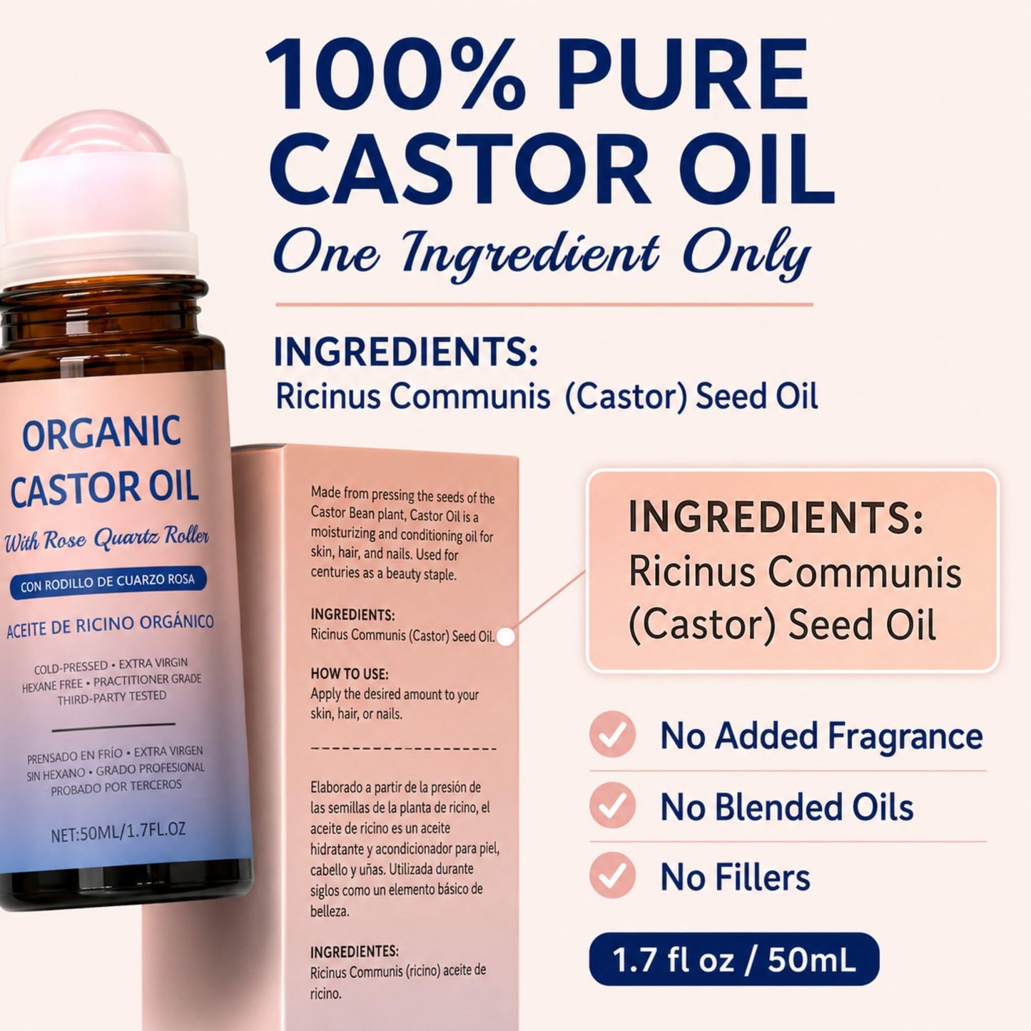 Organic Castor Oil Roll On, 100% Pure Castor Oil with Real Rose Quartz Roller Ball, Cold Pressed Castor Oil for Hair, Eyelashes, Eyebrows, Skin & Nails, Mess-Free Face Roller Beauty Oil, 1.7 fl oz
