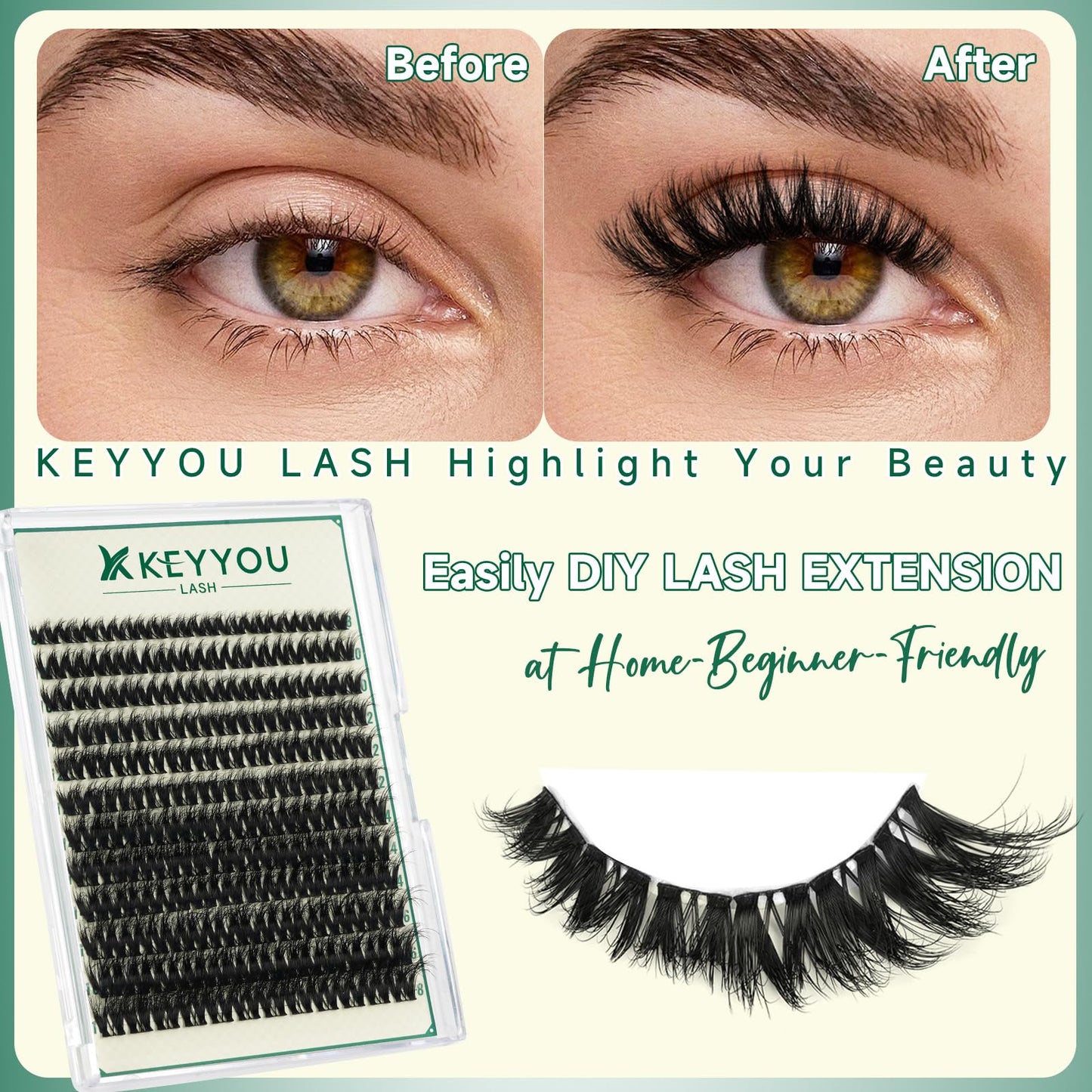 KEYYOU LASH Flaunt Lash Cluster DIY 3D Eyelash Extensions 144pcs D Curl 8-18MIX Lashes Extension Eyelash Clusters Long Classic Individual Lashes Fluffy and Soft Wispy Volume Lashes (F01,3D)