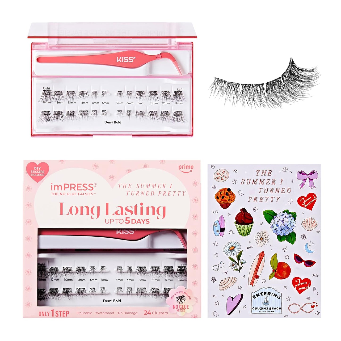 imPRESS Long Lasting Self Adhesive Eyelashes - Demi Wispy, 24 Light Volume Lash Clusters, 5mm-14mm | Reusable Case & Non-Stick Applicator