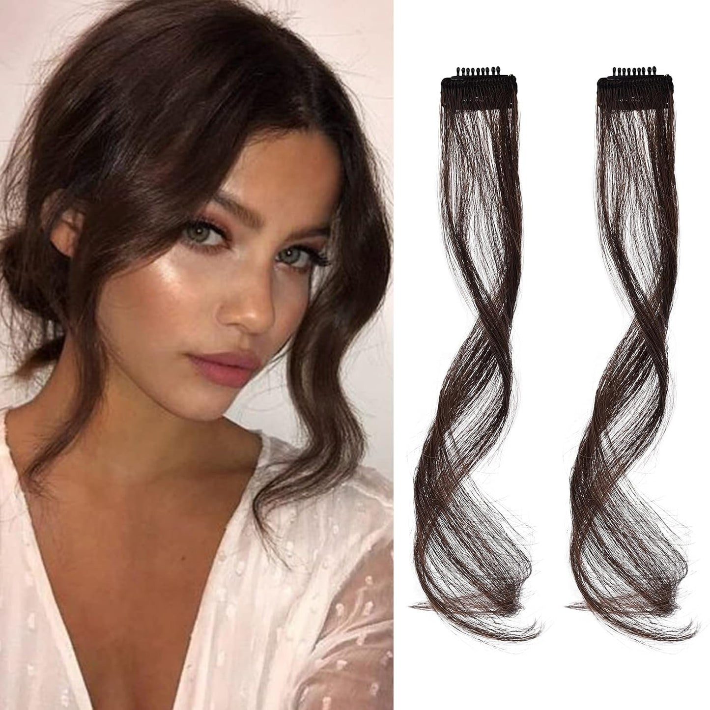 Long Side Air Bangs - Wavy Curly Clip-In Curtain Bangs for Women | 12 Inch Face-Framing Highlights in Grey/Brown/Silver/White