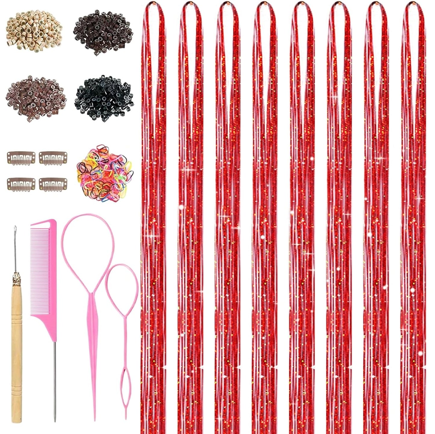 Coffee Brown Hair Tinsel Kit - 8 Pcs 48 Inch Glitter Hair Extensions for Parties & Festivals