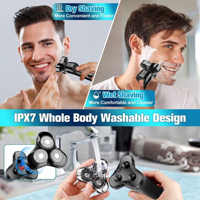 Men's Electric Razor, Upgraded 4D Floating Magnetic Blade Head Rotary Shaver, 3-in-1 Multifunctional for Beard/Nose/Sideburns, IPX7 Waterproof Rechargeable Cordless Shaver, Turbo Speed, Gift for Men