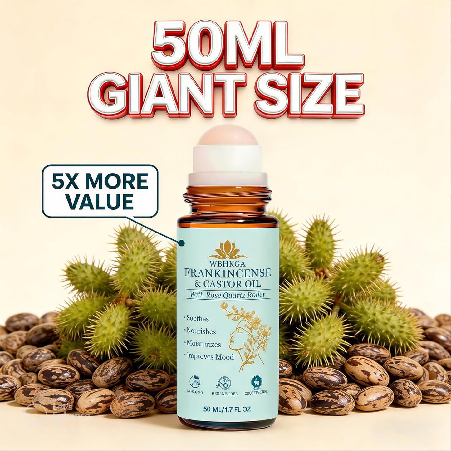 Real Rose Quartz Eye Roller - Castor Oil & Frankincense Serum for Dark Circles, Fine Lines | 50ml / 1.7 fl. oz.