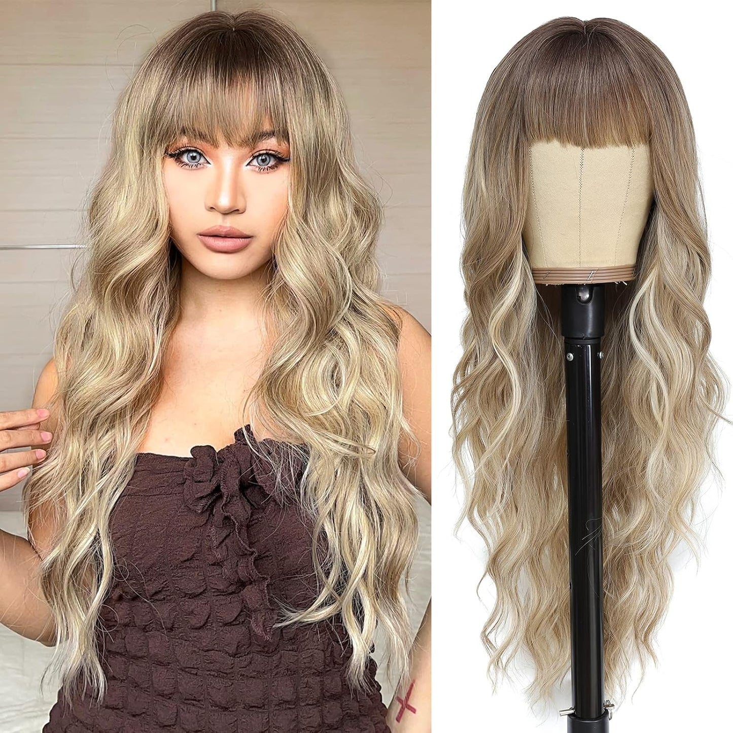 NAYOO Brown Wigs for Women - Long Curly Wavy Hair | Heat Resistant Synthetic Fiber, 24 Inches