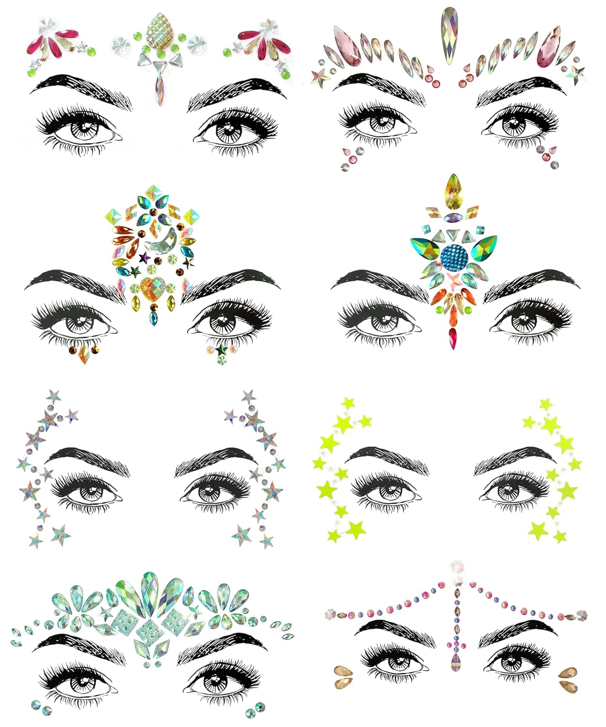 Gemstone Face Stickers - 8 Pcs Rhinestone Face Jewels for Festivals | Halloween & Christmas Party Decor