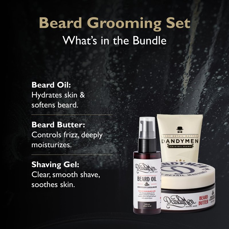 DandyMen Beard Grooming Set for Men – Beard Oil, Beard Butter & Shaving Gel – Obsidian Cardamom Scent – Hydrating & Softening Kit for Growth & Styling – 3-Piece Set