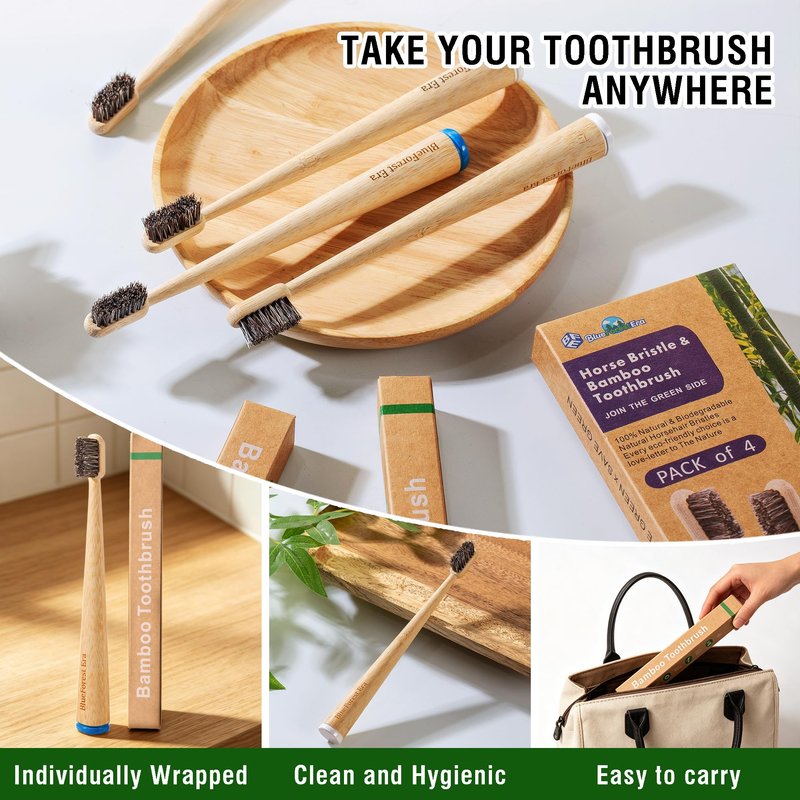 BlueForest Era Horse Hair Toothbrush, Natural Bamboo Toothbrushes, Organic Wooden Toothbrush Non Toxic, Plasstic Free Bamboo Toothbrush Soft, All Natural Bristles Toothbrushes for Adults