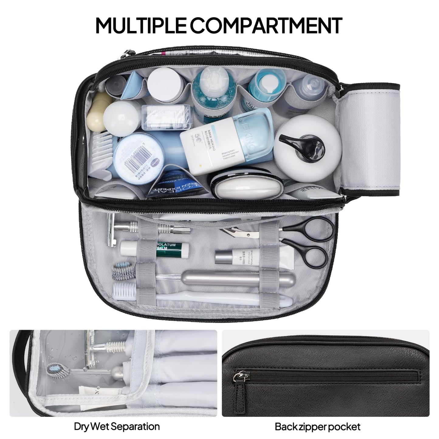 TOPEAST Toiletry Bag for Men, Large PU Leather Dopp Kit with Waterproof Wet Pocket, Double Layer Travel Toiletry Organizer with Brush Compartment, Shaving Bag with Handle, Black