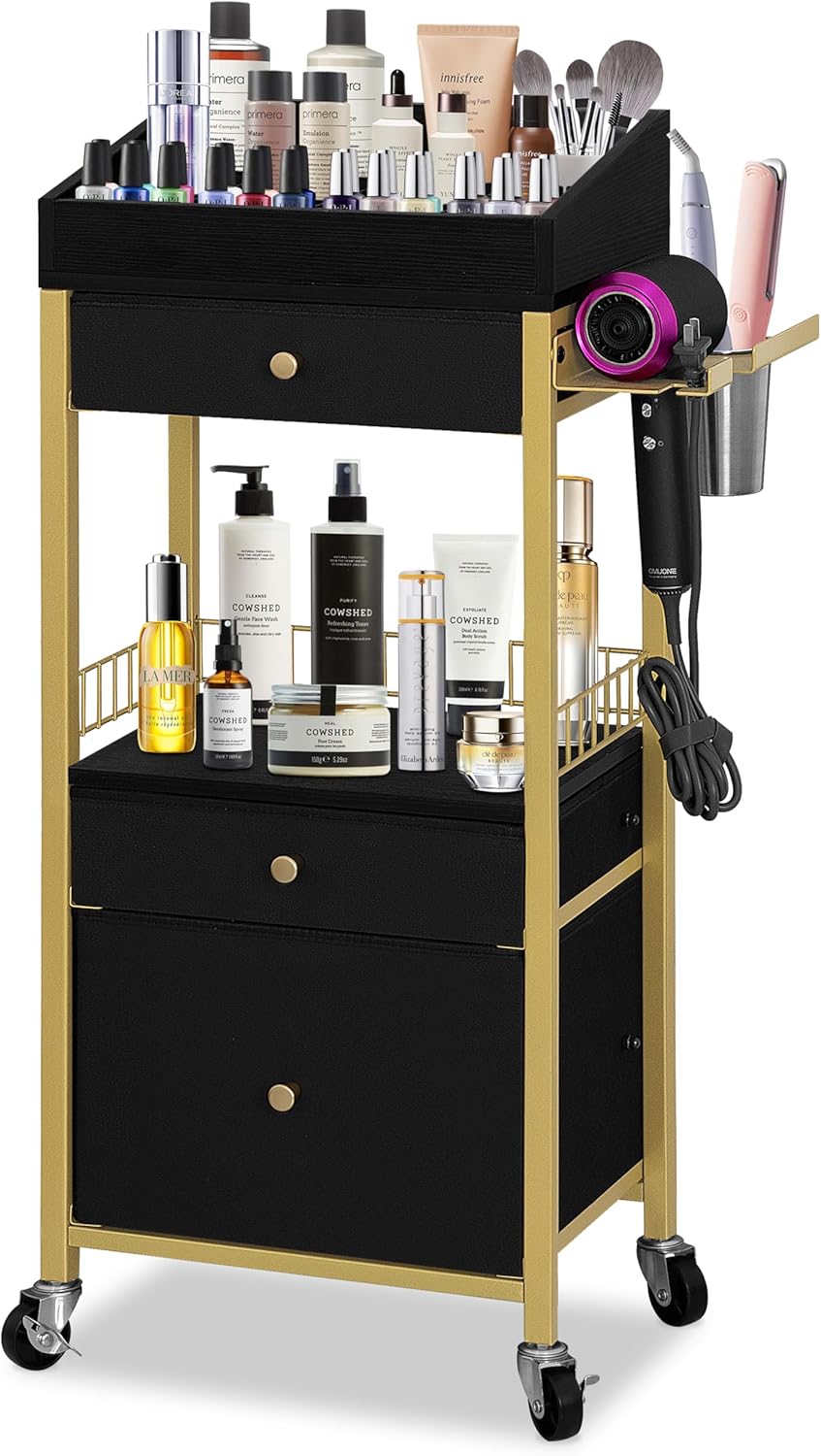 Makeup Organizer Cart - Rolling Vanity Storage with 3 Drawers & Detachable Hair Tool Holder | Gold & Black