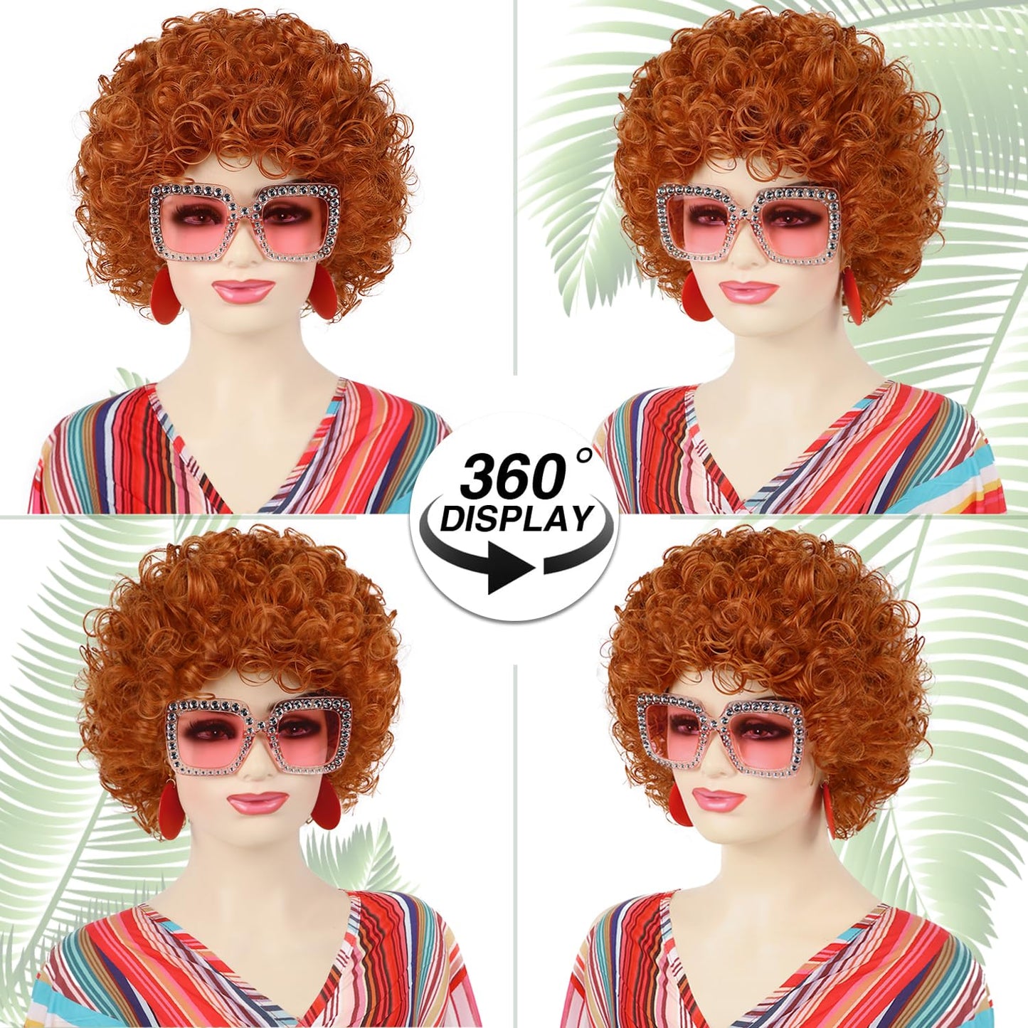 Short Curly Red Orange Wig Set - Includes Pink Sunglasses, Rainbow Necklace, Earrings & Bracelets | Perfect for Halloween Cosplay
