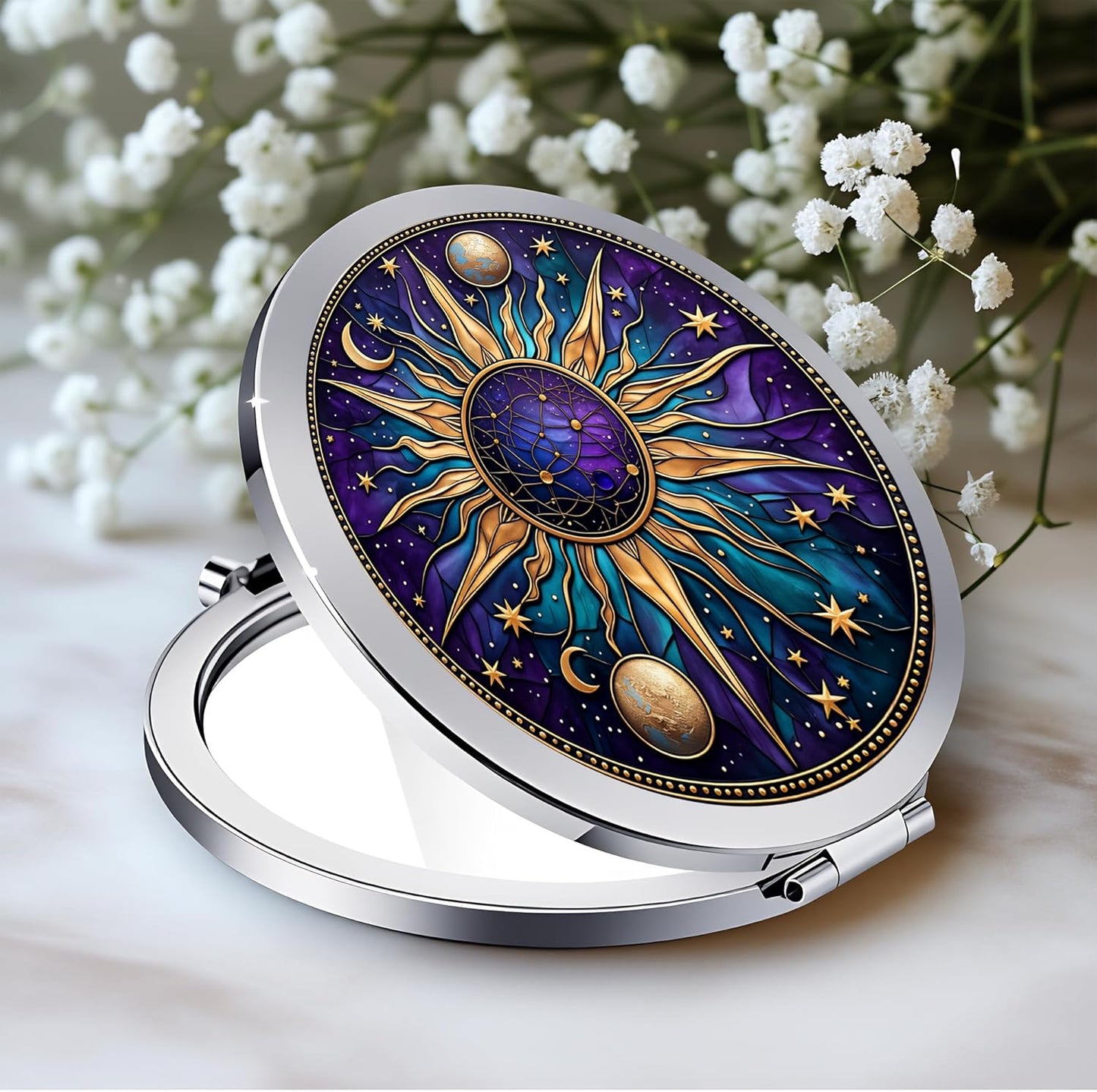 Silver Compact Mirror - Double-Sided Folding Makeup Mirror with White Rose Design | 2.8" x 2.8" Ideal Gift for Women