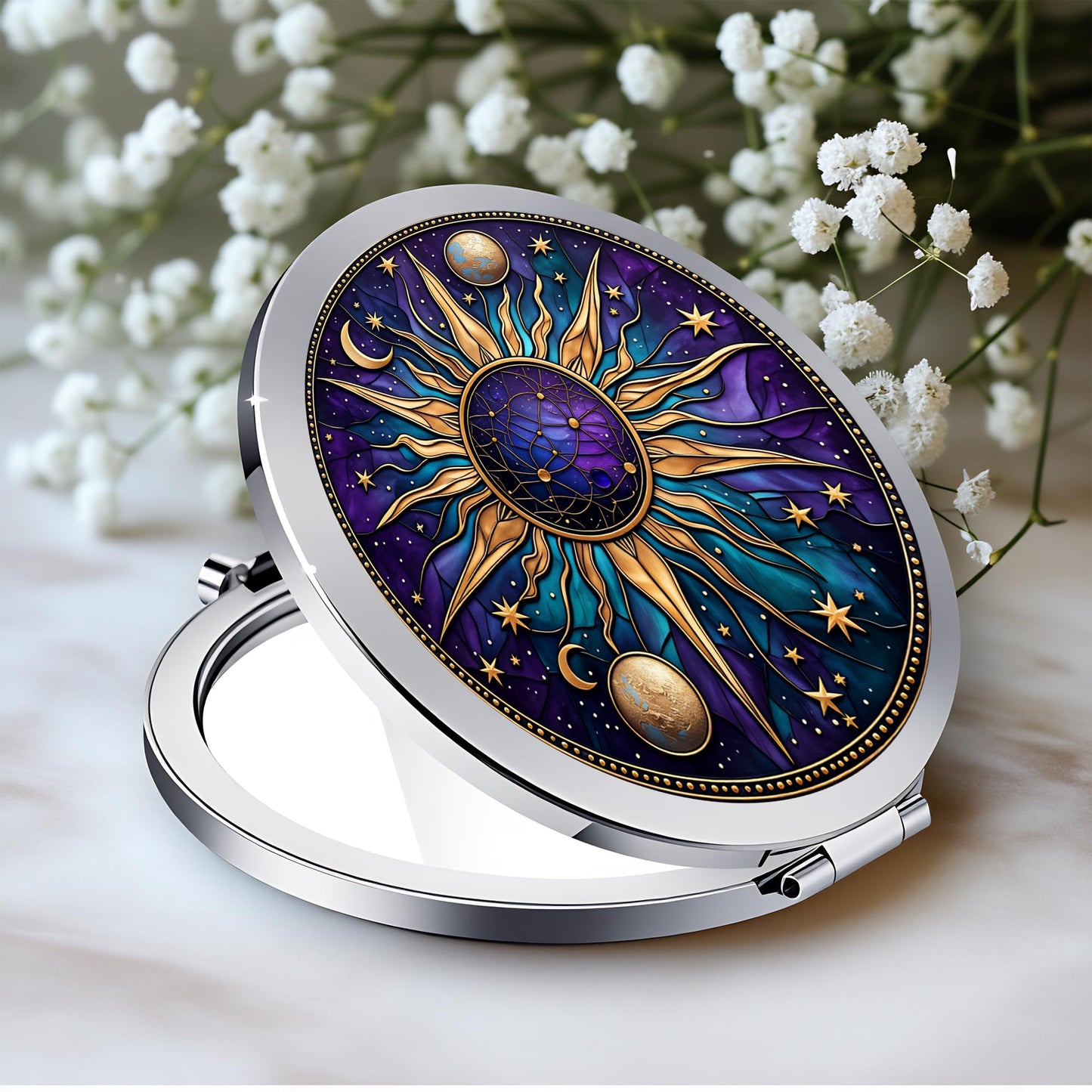 Silver Compact Mirror, 2.8x2.8inch Double-Sided Folding Makeup Mirror with Purple Sun Moon Design, Ideal Gift for Women
