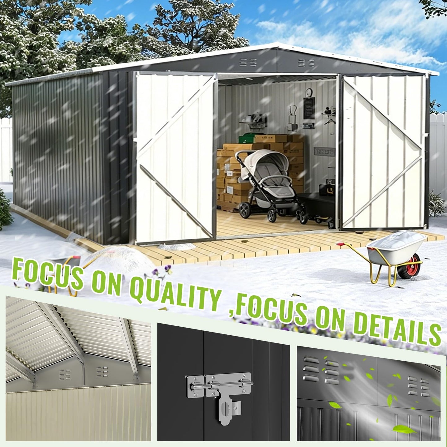 MNLR 10x14 FT Large Metal Storage Shed, Waterproof Outdoor Tool Shed with Lockable Double Hinged Door, Reinforced Frame Structure, Sloped Roof & Vents for Lawn Mower, Bikes & Patio Gear