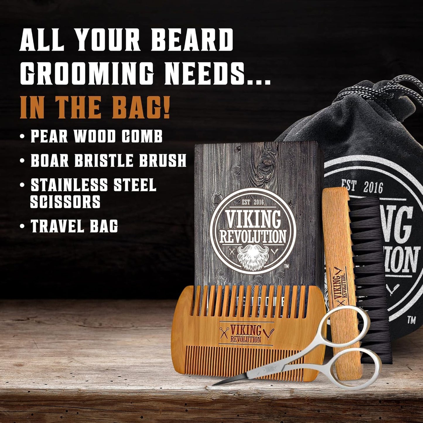 Viking Revolution Beard Brush and Comb Set with Peppermint Eucalyptus Beard Wash and Conditioner (5 Oz each) - Grooming Kit for Men with Argan and Jojoba Oils - Gifts for Men