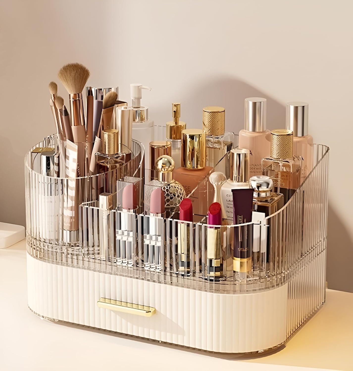 Makeup Organizer - 360° Rotating Brush Holder & Large Capacity Storage | Cream White, 3-Layer Design for Vanity & Accessories