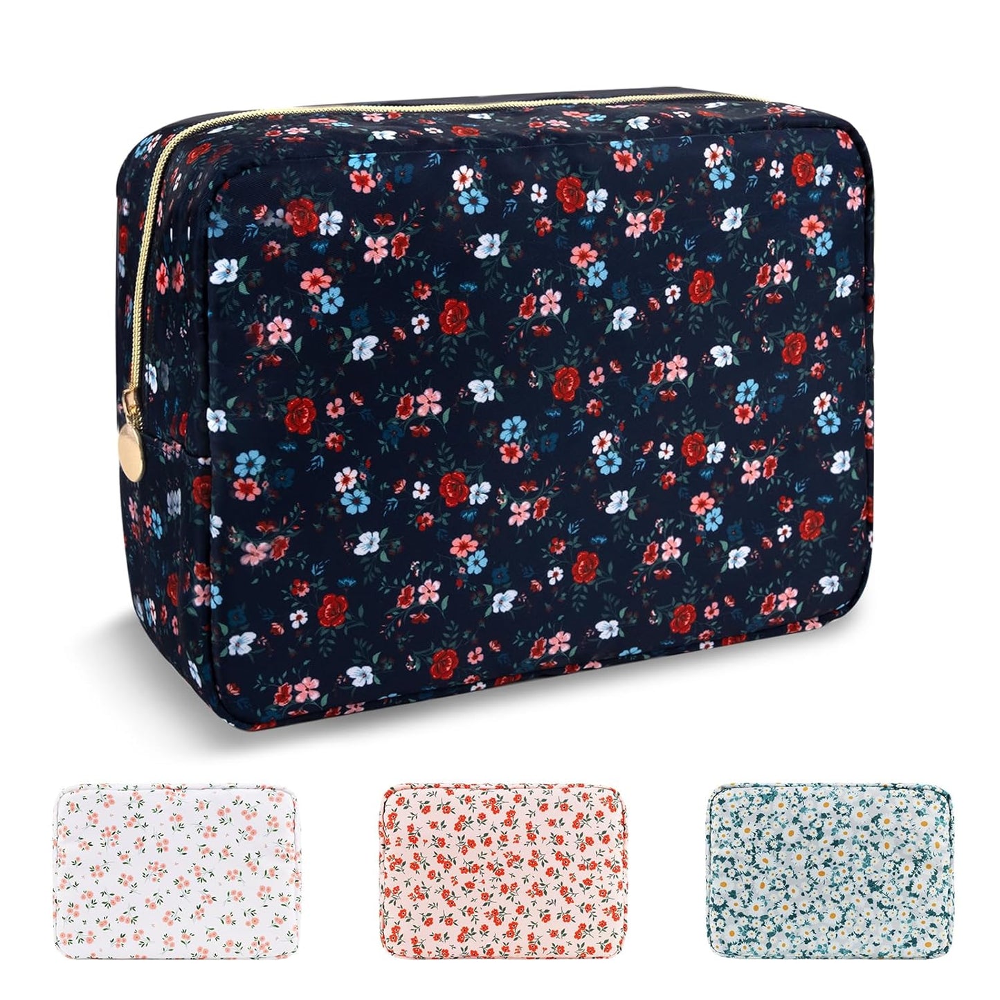 Waterproof Mini Floral Makeup Bag - Nylon Travel Pouch for Women | Cute Zipper Toiletry Organizer (Mini White-Flowers)