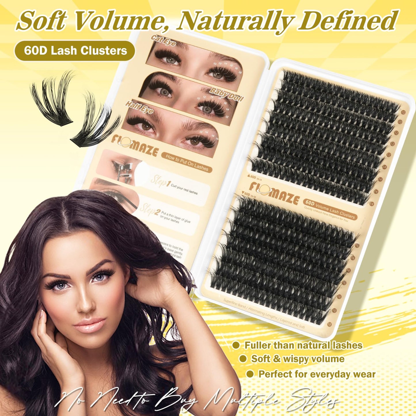 FLOMAZE Lash Clusters 60D Eyelash Clusters 8-16mm Eyelash Extensions, D Curl DIY Lash Extensions, Wispy Lashes Clusters 320Pcs Individual Lashes DIY Lash Extension