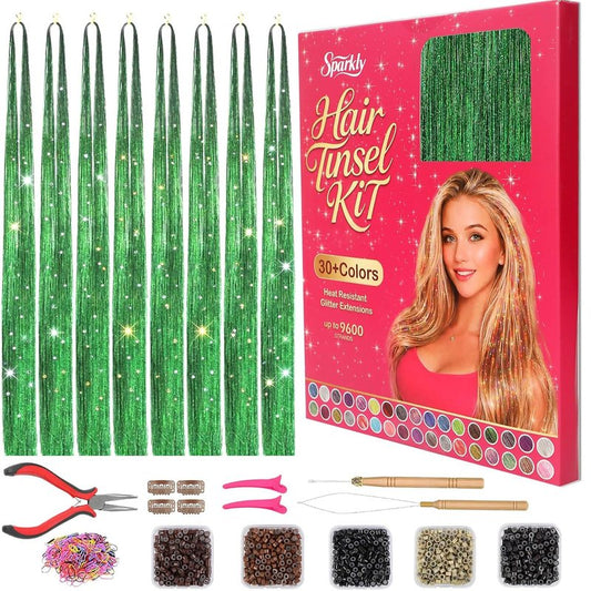 Hair Tinsel Kit - 3200+ Strands Green Holographic Fairy Hair | 48" Heat Resistant Glitter Extensions for DIY Fun