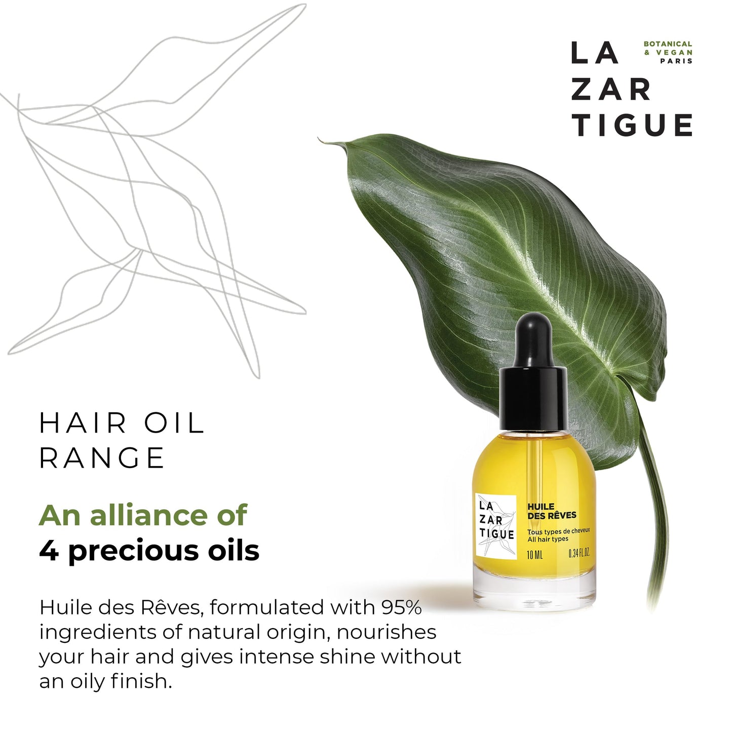 Lazartigue Huile des Rêves Nourishing Dry Oil for Hair, Adds Shine & Nourishment with Argan, Apricot & Camellia Oils, Vegan, Sulfate & Silicone Free, Travel Size, 0.34 Fl Oz