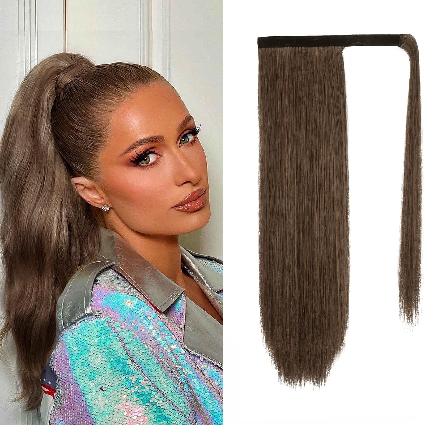 Dark Brown Straight Ponytail Extension - 28 Inch Clip-In Hairpiece for Women | Synthetic Wrap Around Style
