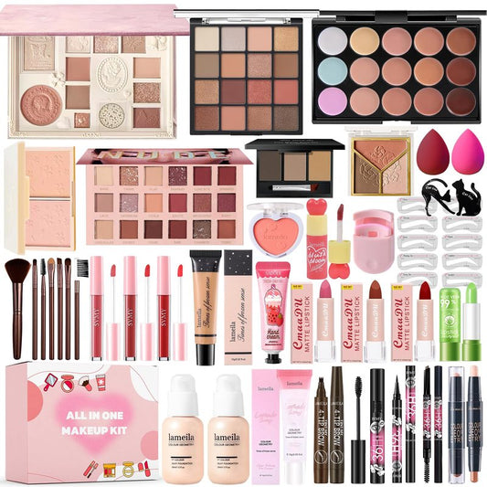 All in One Makeup Kit Makeup Set for Women Full Kit, Make Up Gift Set for Women Teens Girls, Makeup Essential Bundle Includes Eyeshadow Foundation Lipsticks Mascara Eyeliner Cosmetic Brush Set