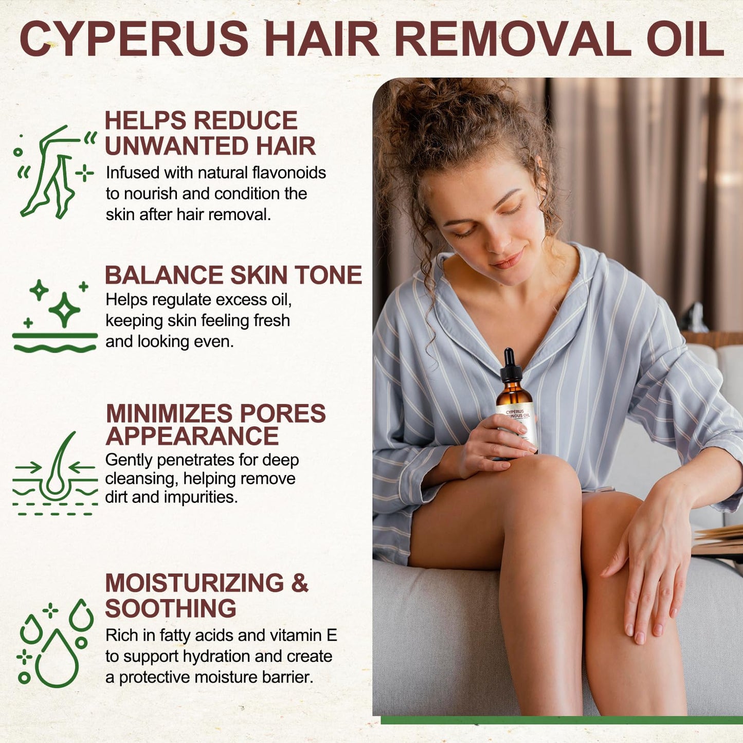 Cyperus Rotundus Oil Hair Removal, Natural for Reducing Body Hair Growth, Shrink Pores, Moisturizes & Soothes The Skin - 60ml