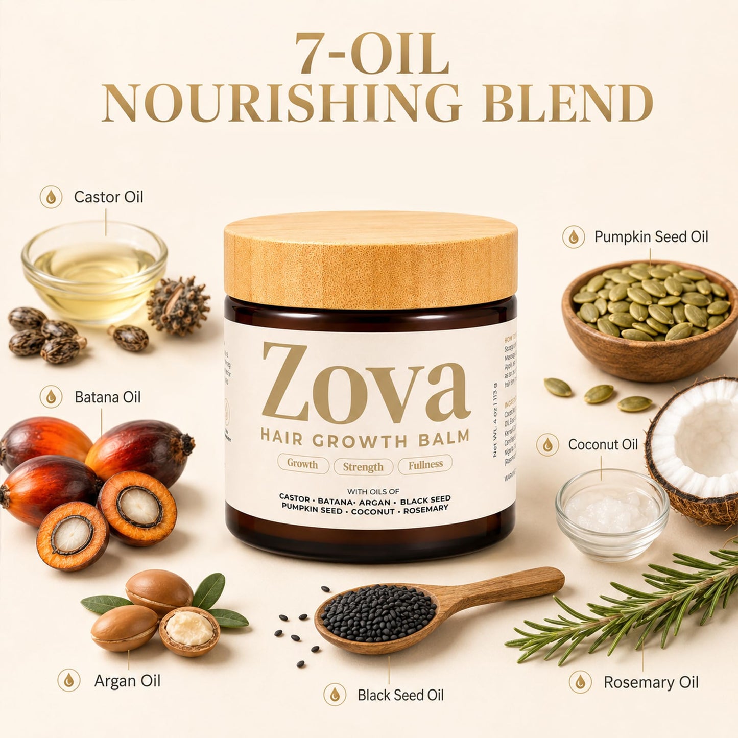 Zova Growth Hair Balm – Batana, Castor, Argan & Rosemary Oil Blend for Thicker, Stronger Hair – Deep Scalp Nourishing Hair Treatment for Men & Women – Natural Hair Repair & Moisturizing Balm 4 oz