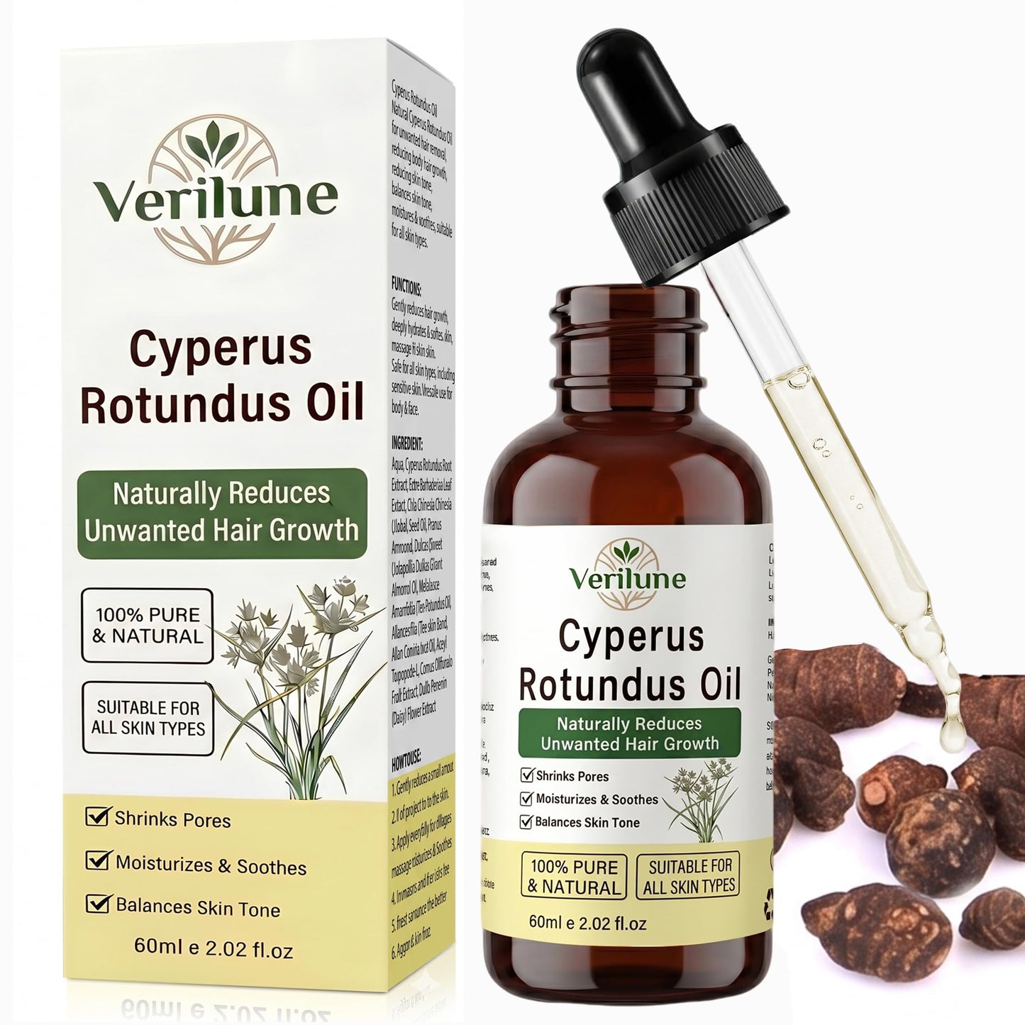Verilune Cyperus Rotundus Oil, Natural Cyperus Rotundus Oil, Reduces Unwanted Hair Growth, Hydrating and Smoothing Skin Care Oil, Helps Refine the Look of Pores, 2.02 Fl Oz (60ml)