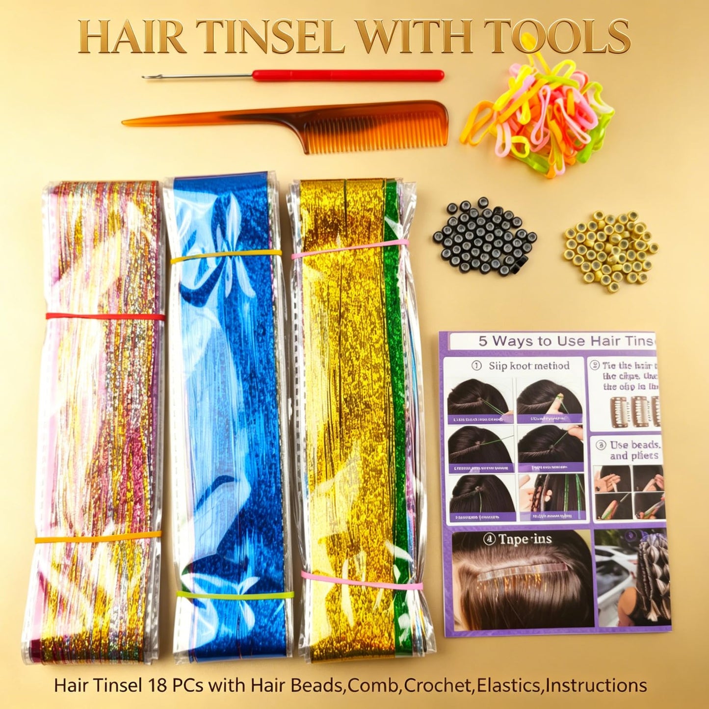 HandWig Hair Tinsel Kit 18 Colors 47 Inch Heat Resistant Reusable Stretchable Durable Shiny Hair Tinsel Strands for Women Girls Daily Wear Festival Party Cosplay Halloween Christmas Hair Accessories