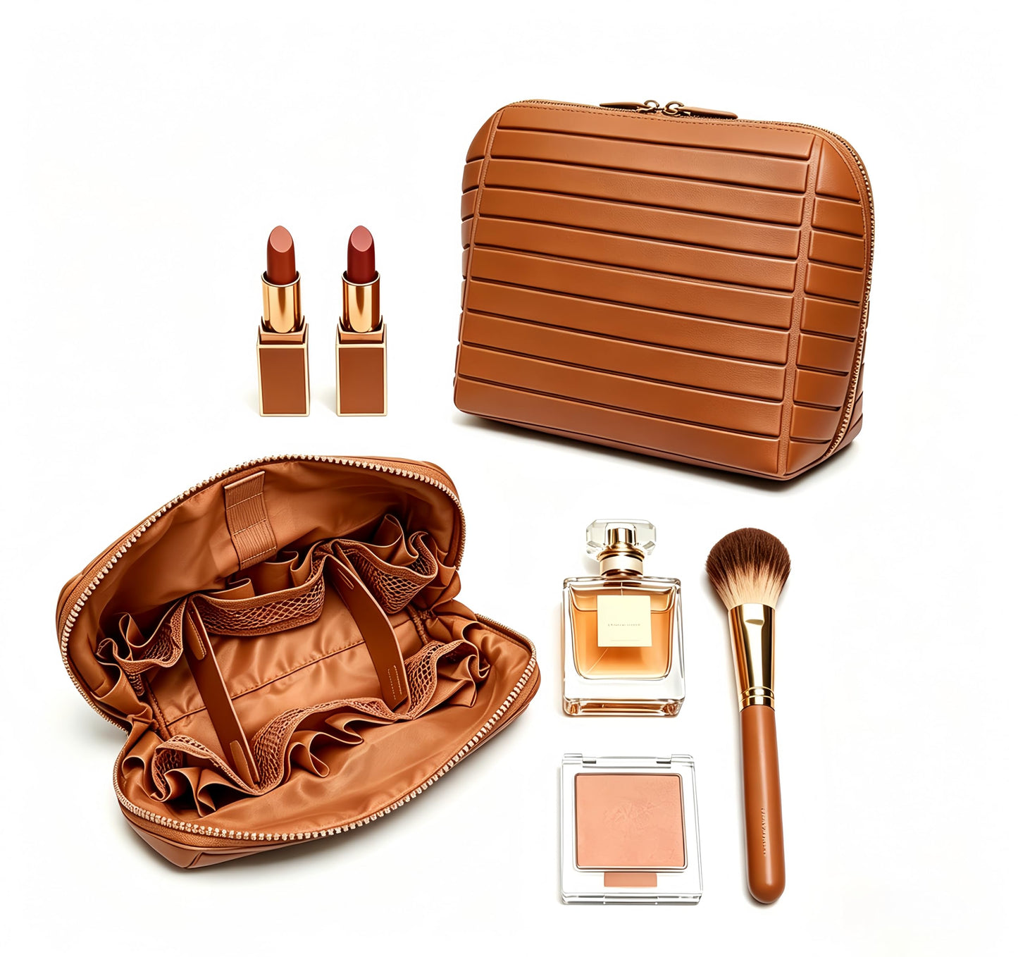 LILVEYUme Parallel Traveler Makeup Bag, Large Capacity Foldable Cosmetic Bag, 27 Pockets Adjustable Dividers with 3 Brush Holders, Unisex Travel Toiletry Case, Brown