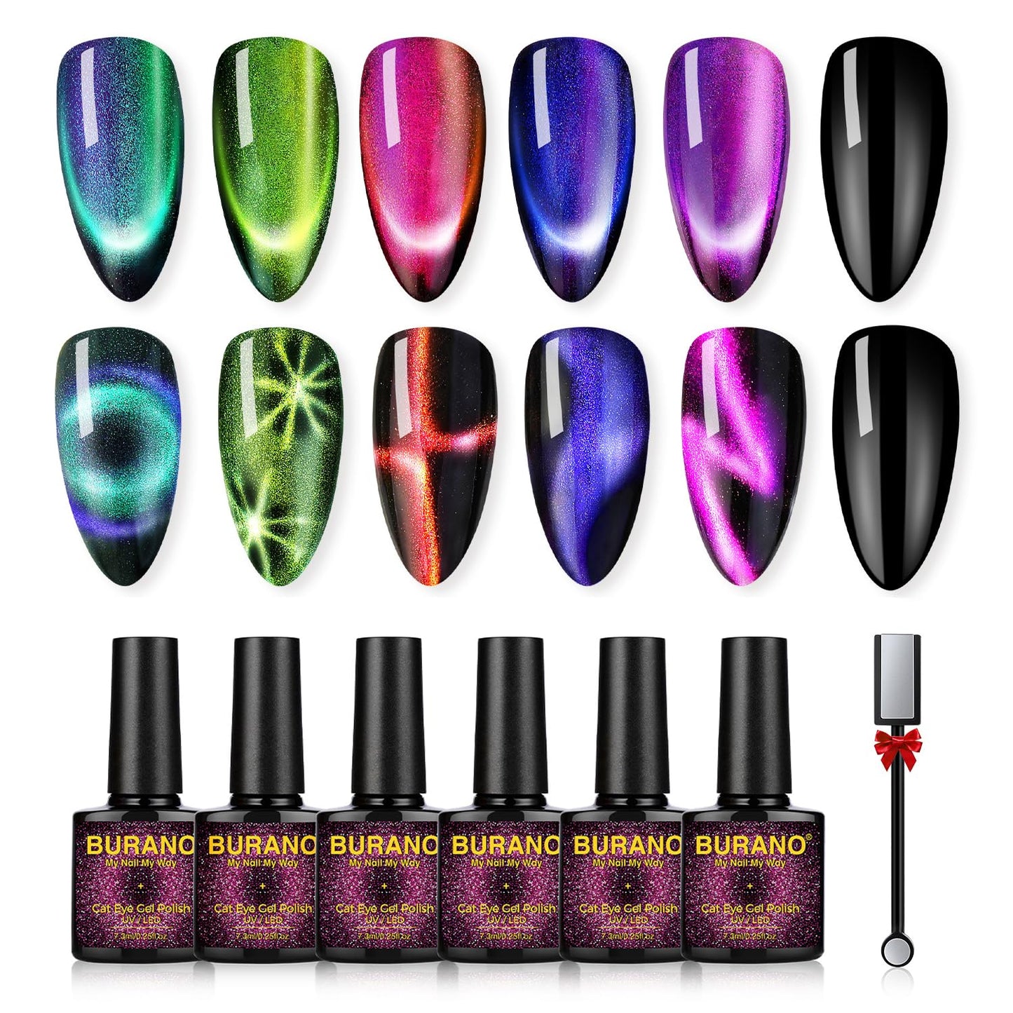Magnetic Cat Eye Gel Nail Polish Set - 6 Pcs Holographic Glitter UV Polish | Reflective Laser Gel Kit for Salon & Home Use