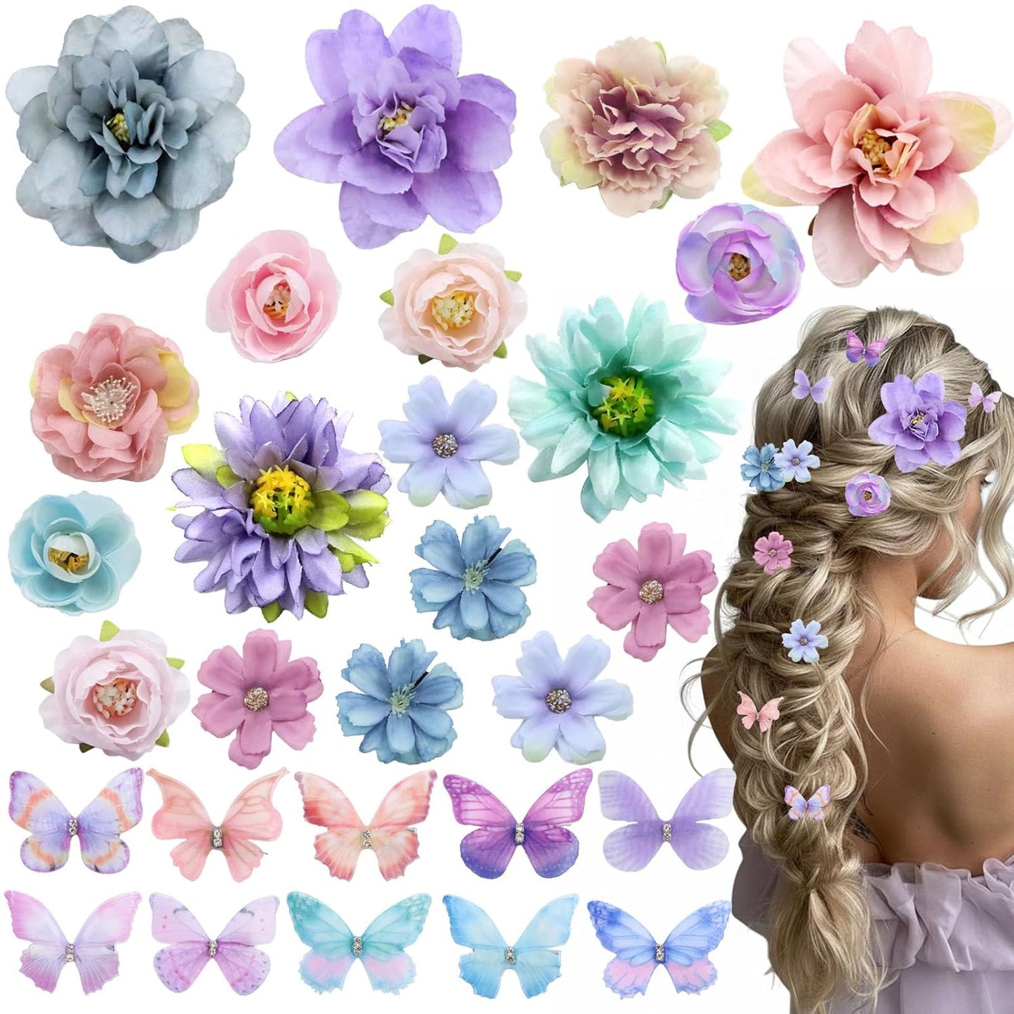 Flower Butterfly Hair Clips Set - 28 PCS Boho Floral Accessories | Romantic Purple for Festivals
