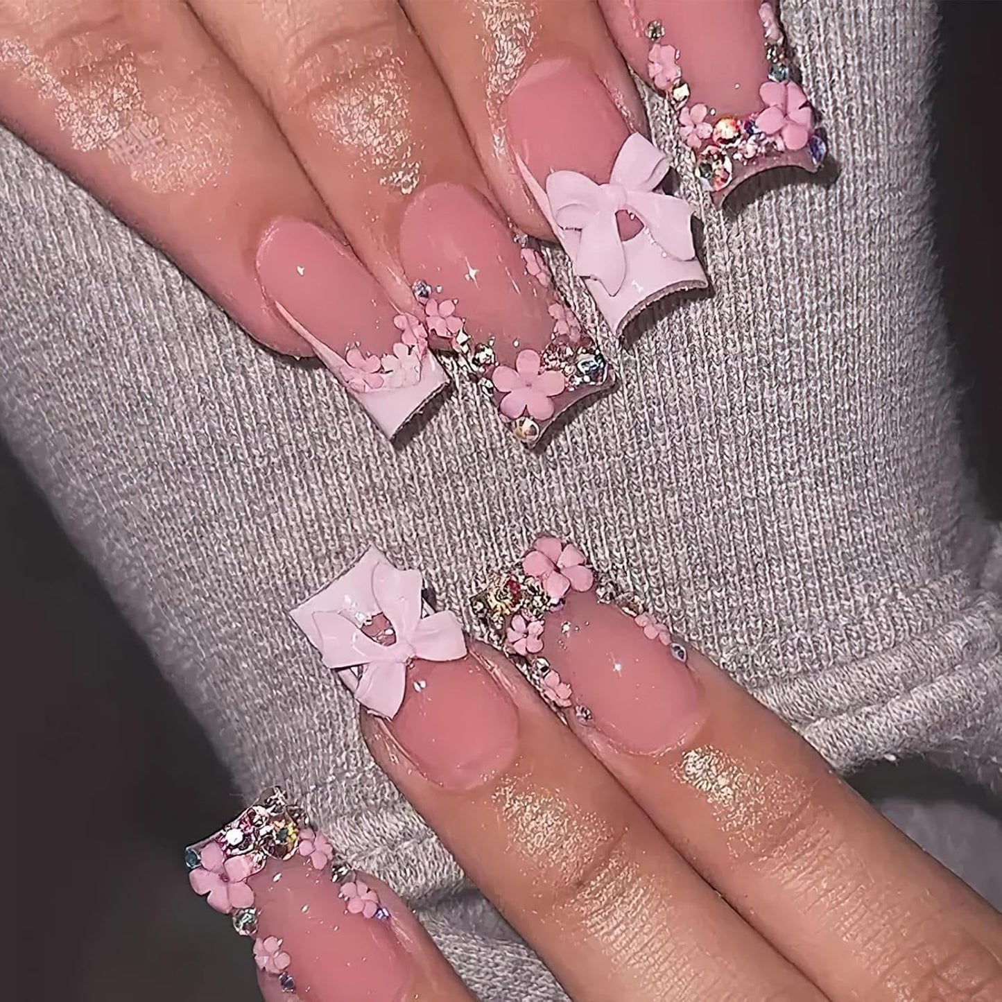 French Tip Press-On Nails - Medium Square Acrylic Nails with 3D Bow & Flower Charms | Glossy Nude Color, 24 Pcs