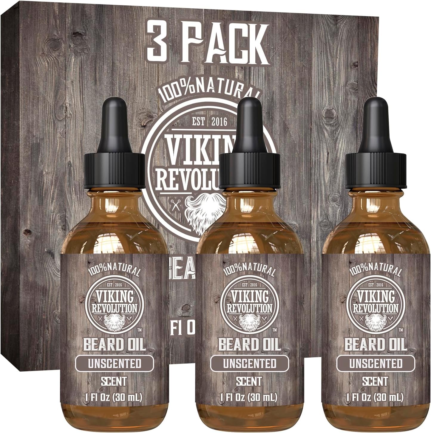 Viking Revolution Beard Oil for Men - Unscented - Natural Mens Beard Oil with Argan Oil and Jojoba Oil - Beard Softener, Strengthens and Moisturizes - Beard Conditioner for Men (3 Pack, 3 Fl Oz)