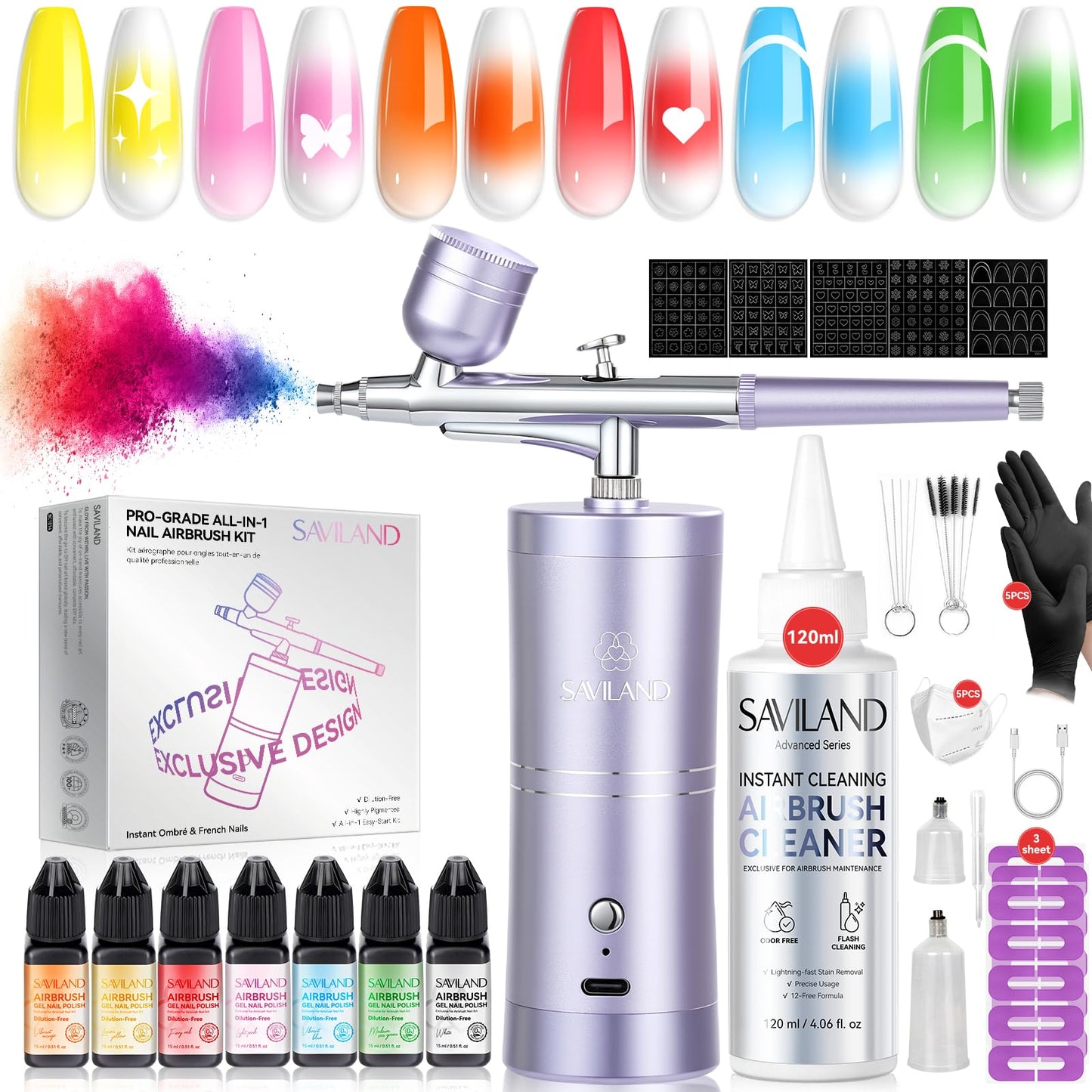 SAVILAND 7-in-1 Pro Dilution-Free Airbrush Set: Hema-Free Airbrush Gel Nail Polish & Airbrush for Nails Airbrush Cleaner Airbrush Stencils Protector for Fingers Masks Instant Nail Technician Salon