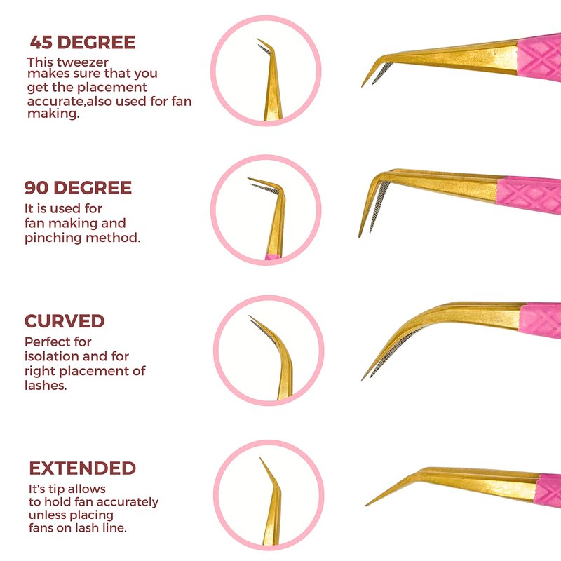 SIVOTE Fiber Tip eyelash tweezers for lash extensions with Diamond Grip, Pink, Set of 4 - Precise Tips Japanese Steel for Classic, Volume & Mega Volume Lashes, Anti-Rust - Ideal for Lash Artists