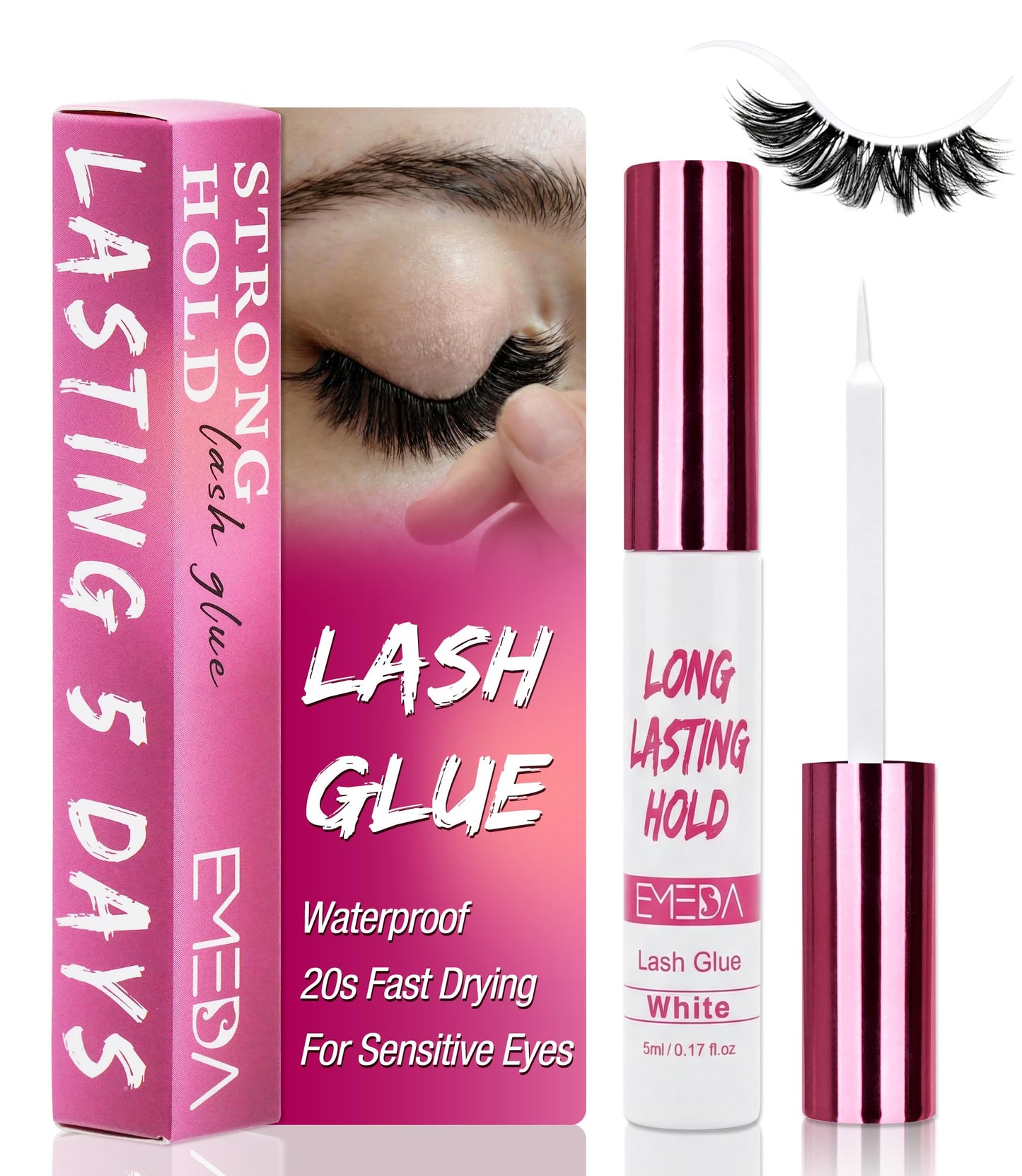EMEDA 5 Day Strong Hold Lash Glue, Hypoallergenic Waterproof Eyelash Adhesive for Strip Lashes & Lash Clusters, Quick Dry Gentle Formula, Long Lasting Lash Glue with Precision Brush Applicator (White)