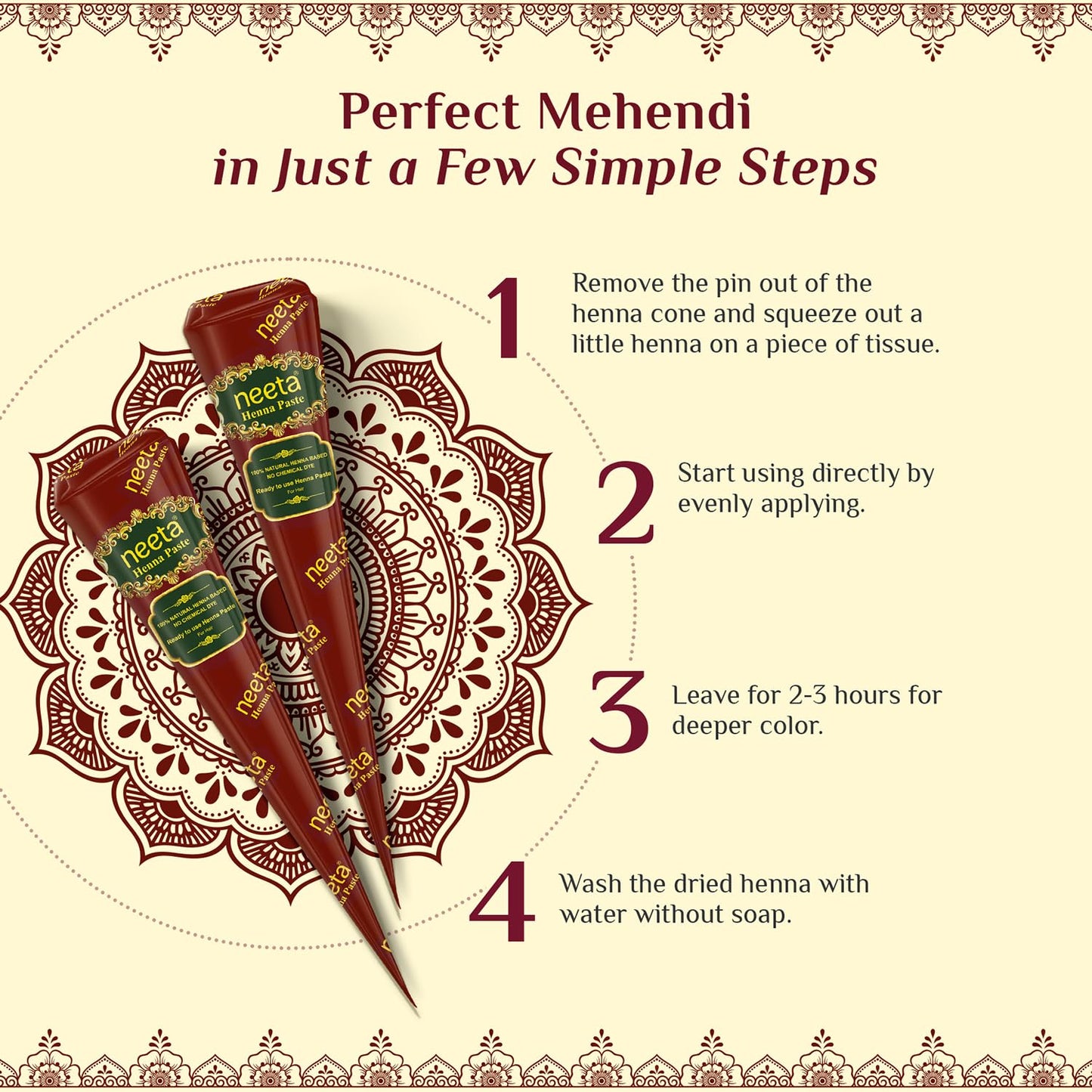 Neeta Ready-to-Use Henna Paste for Hair – Herbal Henna-Based Formula – Reddish Brown – Pack of 4 Cones