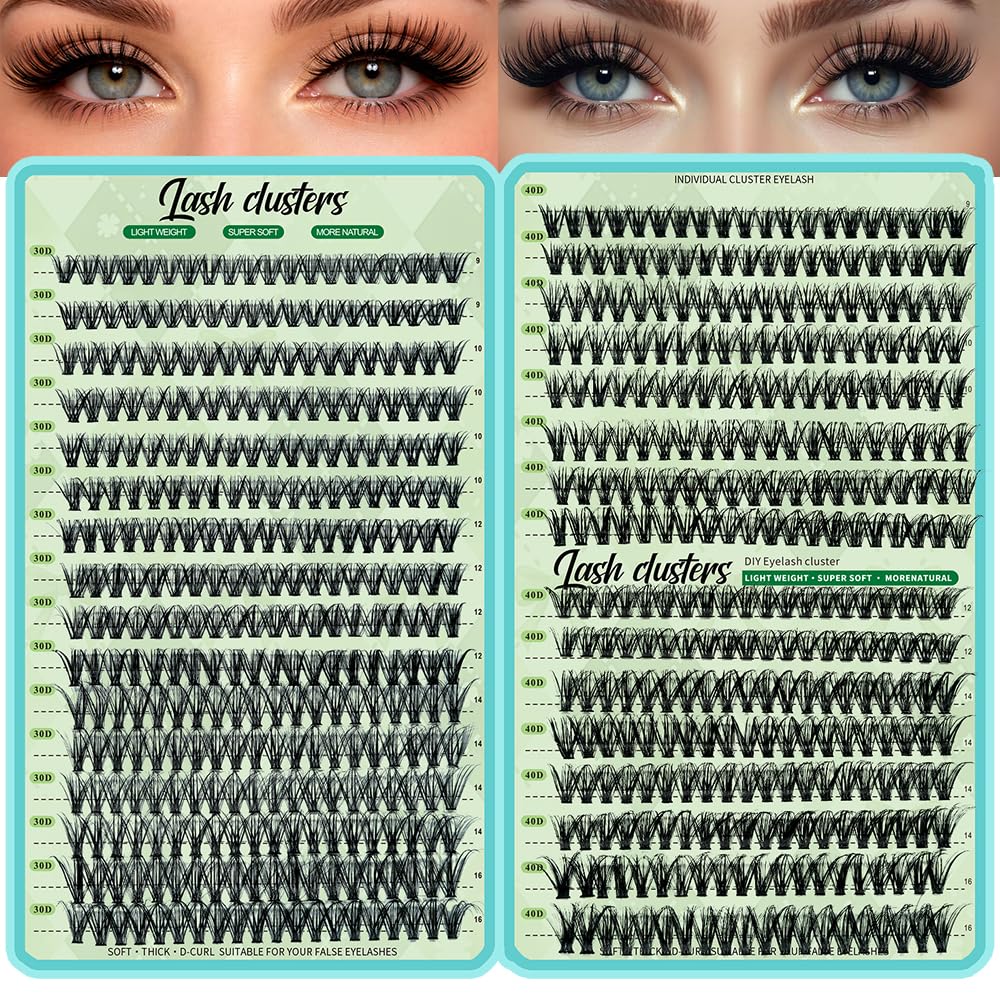Lash Clusters Kit - 640pcs Wispy 30D/40D D Curl Individual Extensions | Natural 9-16mm with Bond, Seal & Tweezers