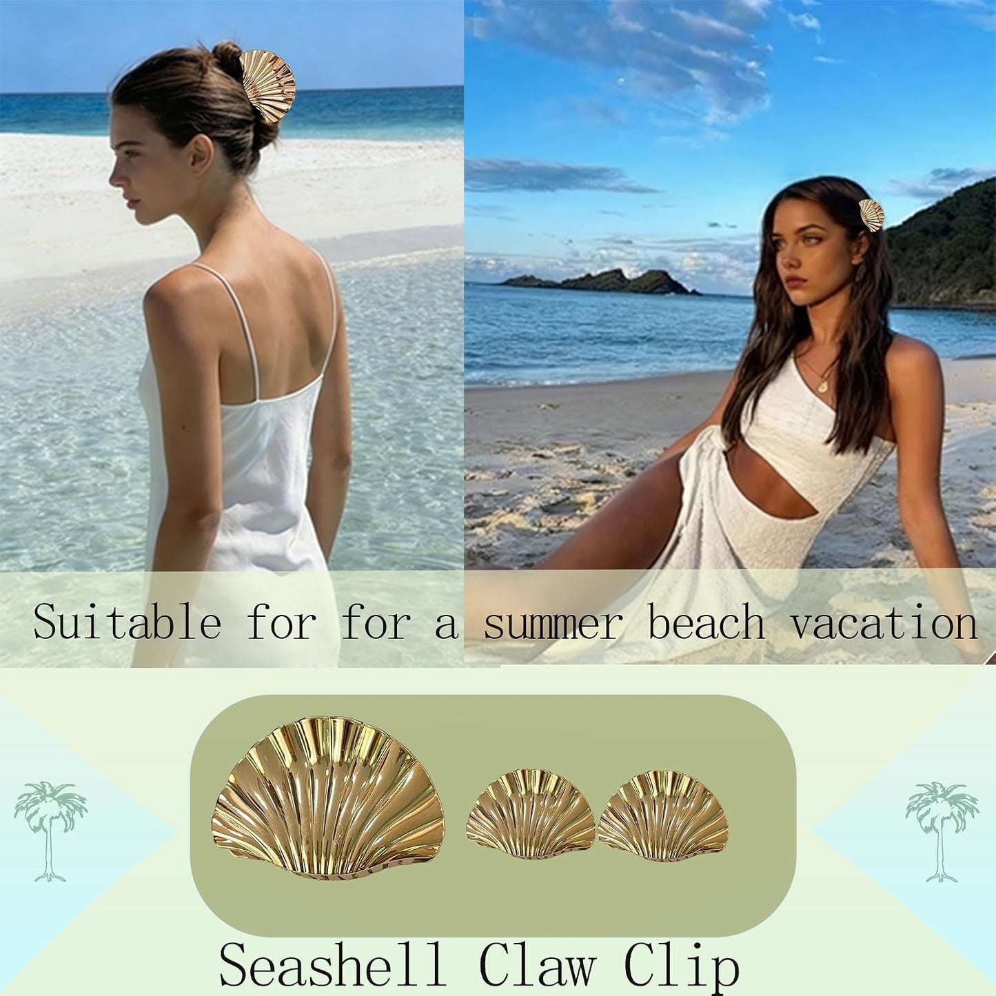 Seashell Hair Claw Clips - Gold Metal Clips for Thick/Thin Hair | 3PCS Set (1 Large + 2 Small)